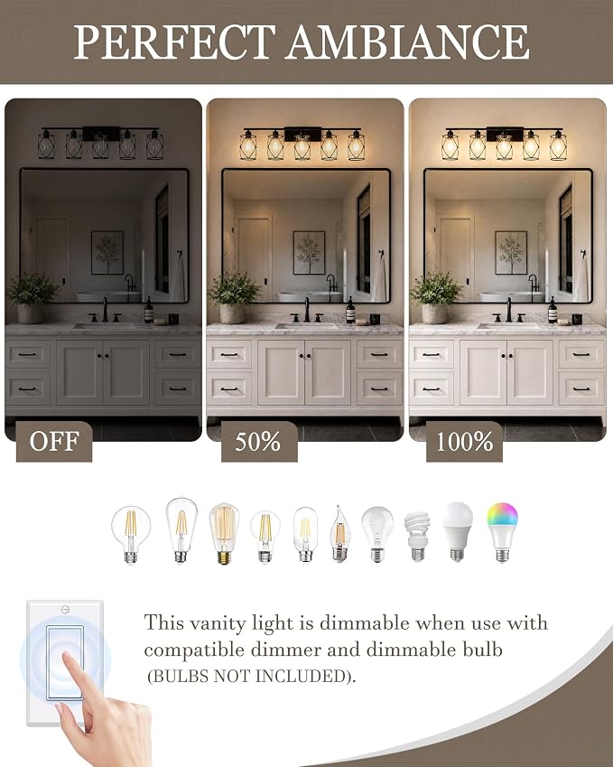 5-Light Matte Black Bathroom Light Fixtures Over Mirror, 38" UL-Listed Modern Wall Sconce Lights with Clear Glass and Metal Cage for Bath, Hardwire E26, CH9176BK-5W