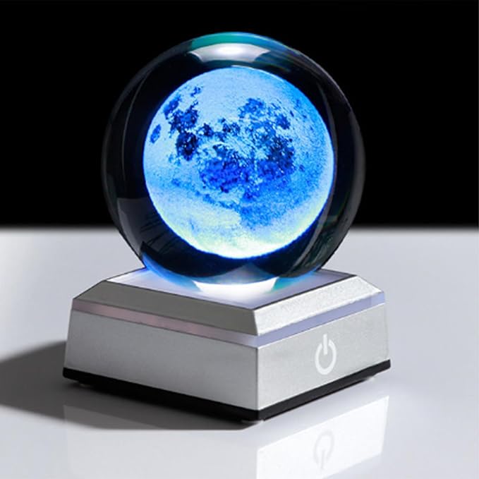 3D Moon Crystal Ball with LED Stand, Moon Figurine Decor Glass Sphere Lamp Night Light Gifts for Women Men Mom Kids