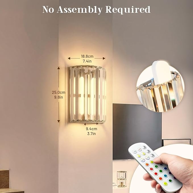 Brushed Nickel Battery Operated Wall Sconces Set of 2, Crystal Wireless Wall Light with Remote, Rechargeable Cordless Wall Lamp 12 RGB and 3 CCT Dimmable Decor for Bedroom Living Room
