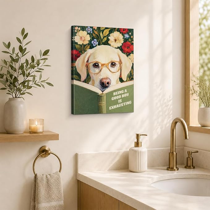 NSFBESSLIA Funny Reading Labrador Painting, Whimsical Cottagecore Dog Decor, Being A Good Boy Is Exhausting, Vintage Wall Art for Living Room Bedroom Entryway, 8x10 Inch