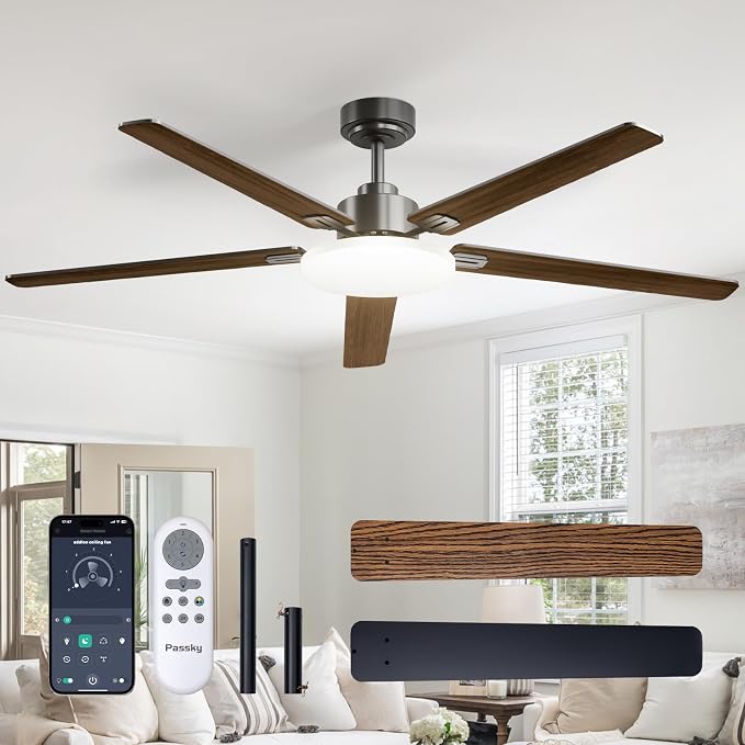 Passky 60 Inch Black Sleek Ceiling Fans with Lights, Remote Control | 3-color dimmable light, quiet reversible DC motor, easy install, memory, Timer, APP, bedroom, covered outdoor areas