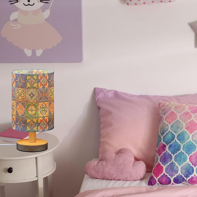 Vintage Mexican Tile Patterns Colorful Ethnic Bedside Table Lamps with USB Port for Bedroom Lamp Accent Table Lamp Small Nightstand Lamp Sturdy Linen Shade Decorative Lamps for Kids|Dorm|Home