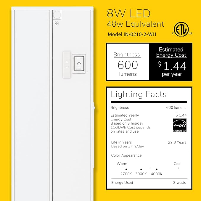 Getinlight 18-inch 3 Color Levels LED Under Cabinet Lighting, Hardwired or Plugged-in, Selectable White 2700K/3000K/4000K, Dimmable, White Finished, IN-0210-2