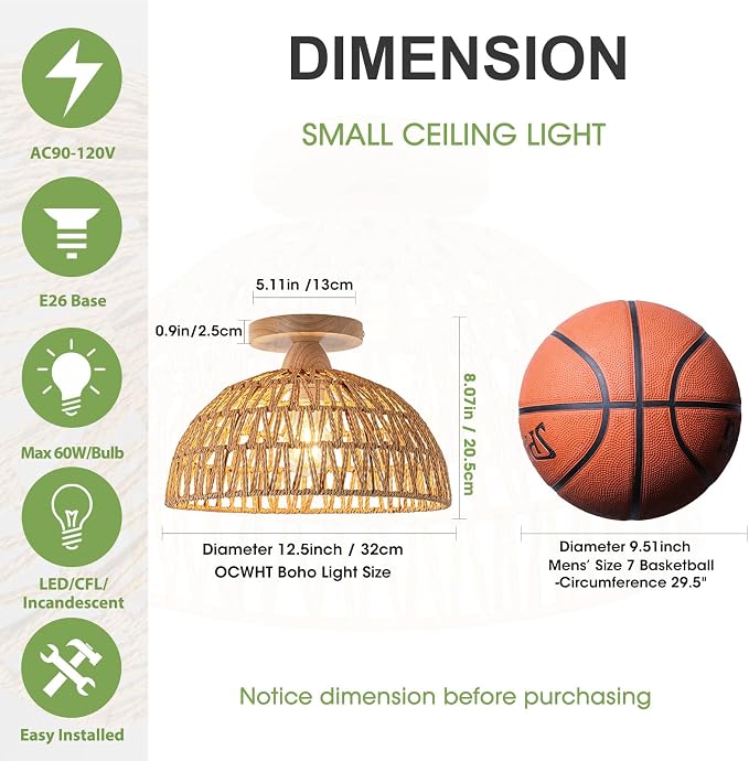 2 Packs Boho Light Rattan Chandelier Ceiling Lighting Fixtures,Boho Lamp Shade Flush Mount Ceiling Light Hand-Woven Small Chandelier for Hallway Bedroom Kitchen Nursery Lights