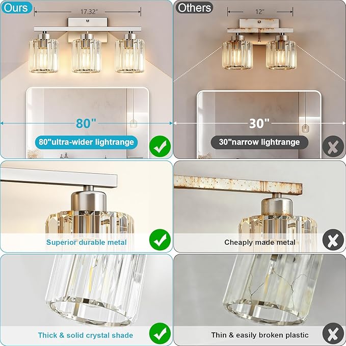 GOLSPARK Modern Crystal Bathroom Vanity Light, Brushed Nickel Bathroom Lighting fixtures Over Mirror, 3-Light Vanity Light Fixtures, E26 Base Crystal Round Shades for Bathroom, (Exclude Bulb)