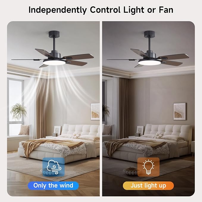 44 Inch Ceiling Fans with Lights and Remote for Bedroom Living Room Kitchen Office, Indoor/Outdoor Use, 5CCT Dimmable, Dual Color 5 Blades, 6 Speed Reversible Quiet DC Motor, Black/Wood Grain