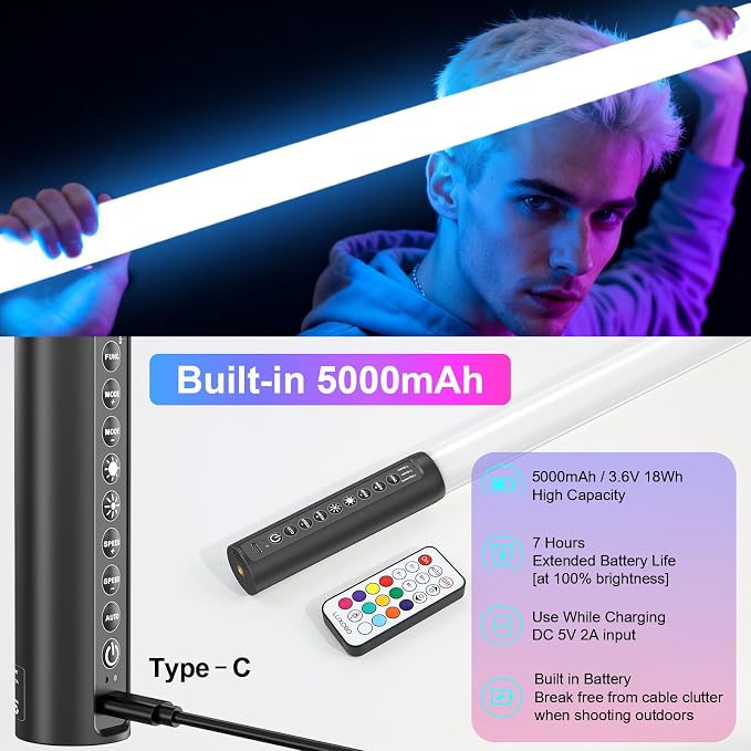 2 Pack 4ft Portable Battery Powered Tube Light 5000 mAh Handheld LED Tube Lights 120cm with Tripods, 500 Vivid Effects, for DJ Lighting, Dance, Photography, Light Painting, YouTube, Night Bar, Party