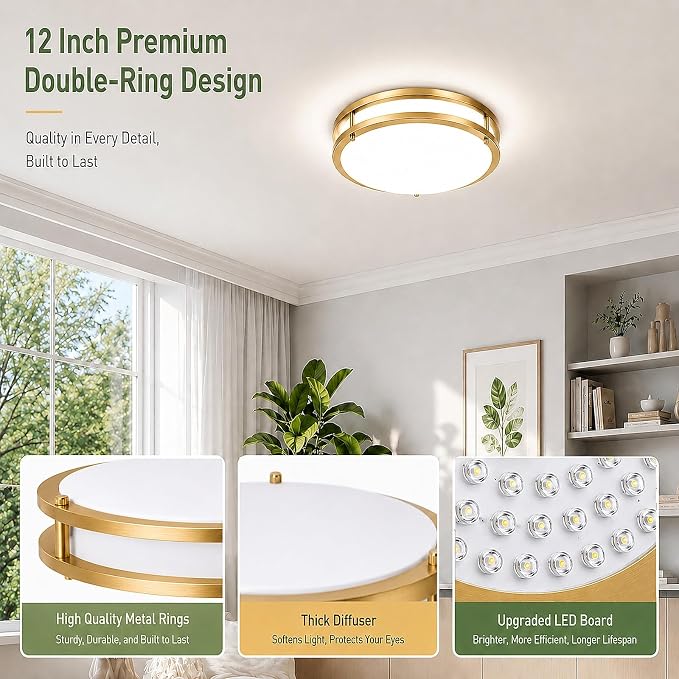 2-Pack 3600lm Super Bright Gold Flush Mount LED Ceiling Light Fixture, 12IN 36W Ceiling Lights with 2700K/3000K/4000K/5000K/6500K 5 Color Temperatures, Round Slim Light Fixture for Bedroom Hallway