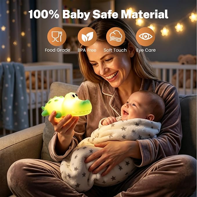 AVEKI Night Light for Kids, Baby Crocodile Night Light with Dimmable Warm Light & RGB Mode, Soft Silicone Touch Lamp with 30M Timer, Rechargeable Alligator Light for Nursery Kids Room