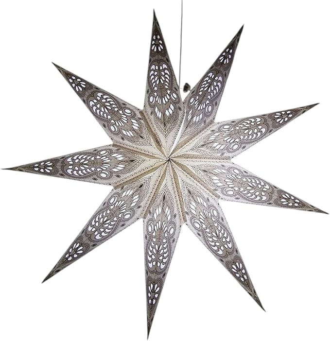 Lantern Lampshade 9 Pointed Paper Star Light Shades Large 60cm Star Hanging Decorations for Christmas Wedding Home Decoration Birthday Party (White Grey)