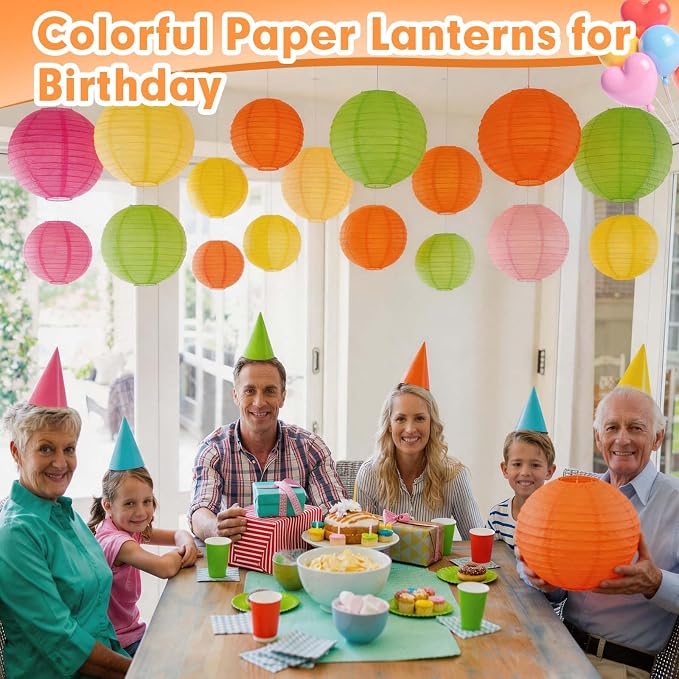Mwellewm 18Pcs Colorful Paper Lanterns Set Glow in The Dark Party Supplies Neon Party Decorations Rainbow Hanging Paper Lantern Decor for Birthday Carnival Celebration Back to School Home Courtyard