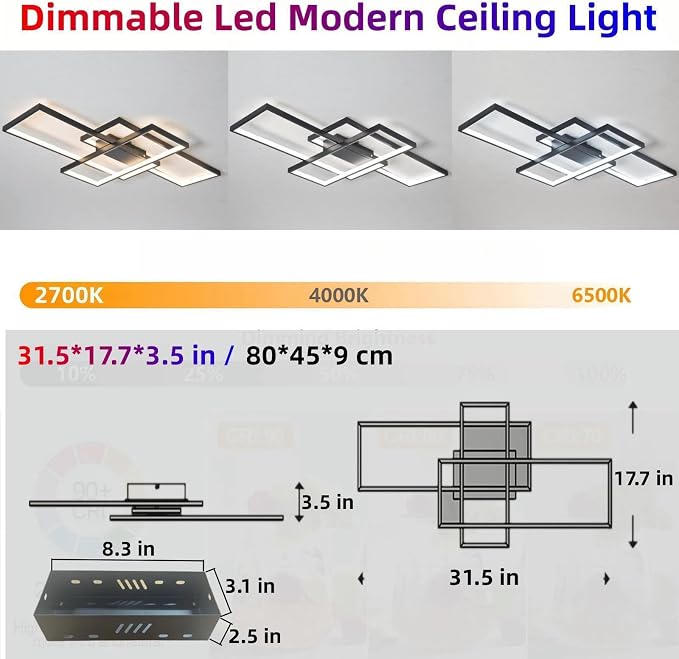 31″ 45W Modern Ceiling Light 3000-6500K Dimmable Kitchen Light Fixtures | Timer Night light Memory function Adjustable brightness color temperature Flush Mount Light Fixture remote control Bedroom