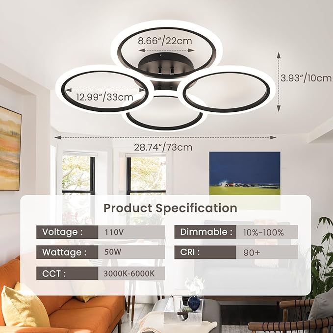 Modern LED Ceiling Lights Fixture Black Dimmable Acrylic 4 Rings Ceiling Lights Remote Control Dimmable Flush Mount Ceiling Lamp for Dining Room, Kitchen, Bedroom, Office(28.74inch)