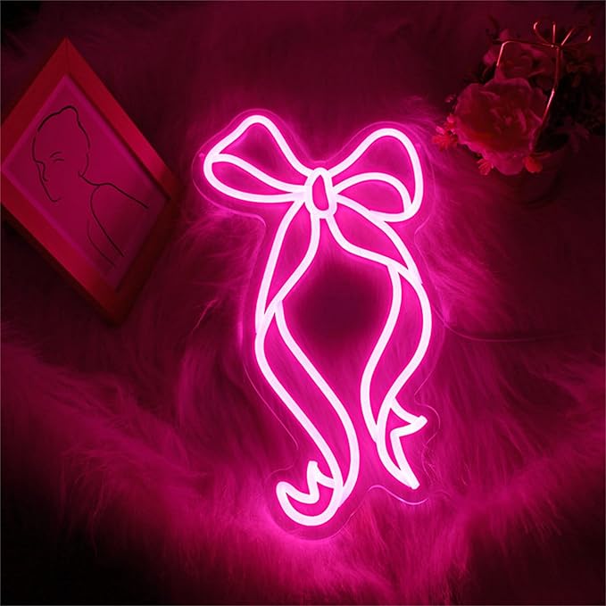 Bow Neon Sign - JGHTURIE Neon Signs for Wall Decor, Pink Bow Ribbon Light up Signs for Room, Bar, Party, Home Decor, Led Sign - USB Powered