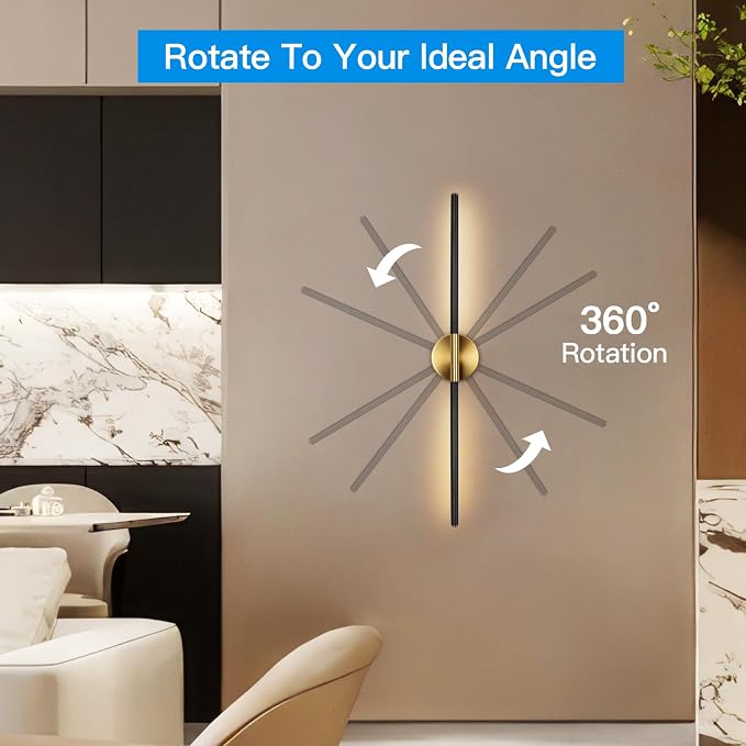 Battery Operated Wall Sconces Set of Two, Wireless Wall Sconces 31.5 Inch | Rechargeable, Remote Control, Dimmable, 360°Rotate, Cordless Wall Light Decor for Living Room, Hallway, Timing, Black Gold