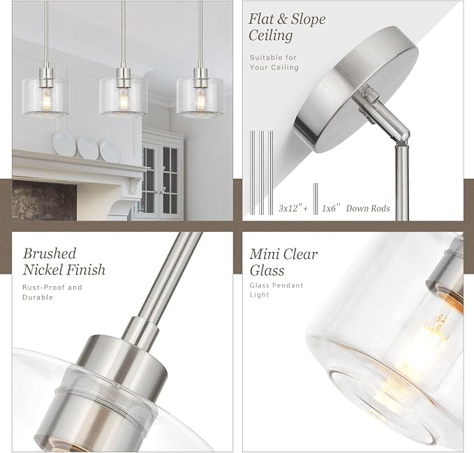 Brushed Nickel Pendant Lights Kitchen Island, 1-Light Modern Clear Glass Hanging Light Fixtures with Rods, Mini Kitchen Pendant Lighting Over Island for Sink Bathroom, OS-YQ8153-1PBNC