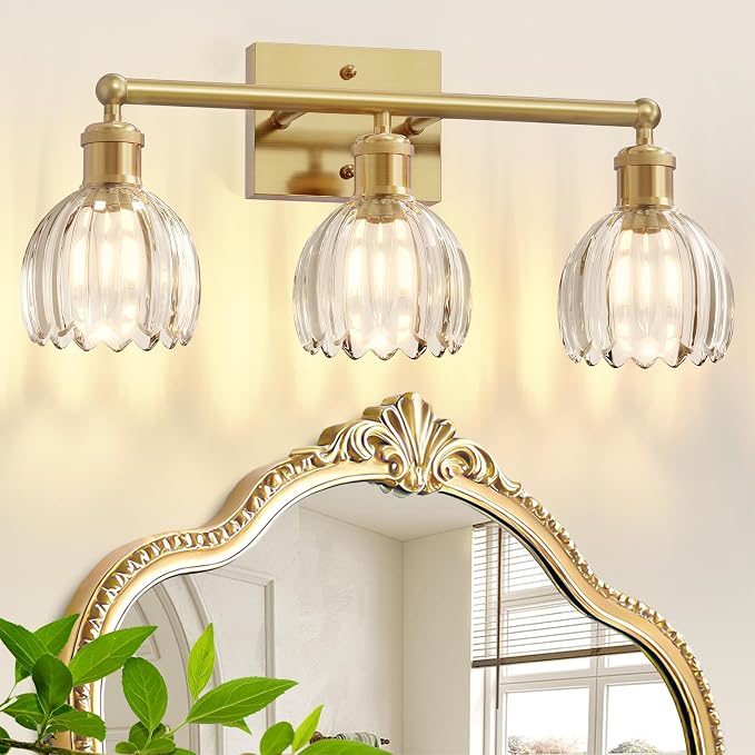 Antique Brass Bathroom Light Fixtures Over Mirror,3-Light Bathroom Vanity Lights Over Mirror,Brass Wall Lights with Clear Glass Tulip Light Shade for Bedroom,Living Room,Hallway,E26 Base