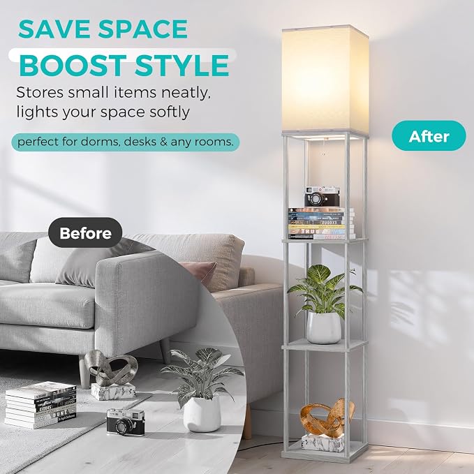 Floor Lamp with Shelves, 3-Tier Square Bookshelf Standing Lamp Dark Grey | 3 Color Temperature Bulb Included, Pull Chain Tall Lamp for Living Room Bedroom Corner Office Apartment Decor