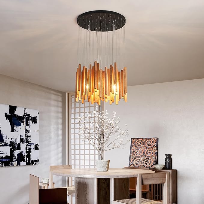 8 Light Farmhouse Wood High Ceiling Chandelier Rustic Large Ceiling Light Fixture Hanging Pendat Light for Dining Room Living Room Foyer Staircases Kitchen Island.