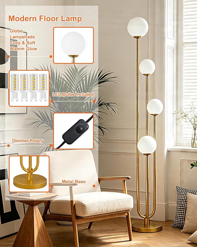 63IN 4-Light Dimmable Floor Lamp, Unique Gold Tall Standing Lamps with 3000K Bulbs for Reading, Mid Century Modern Floor Lamp with 5Lbs Heavy Base for Living Room Bedroom Home Office
