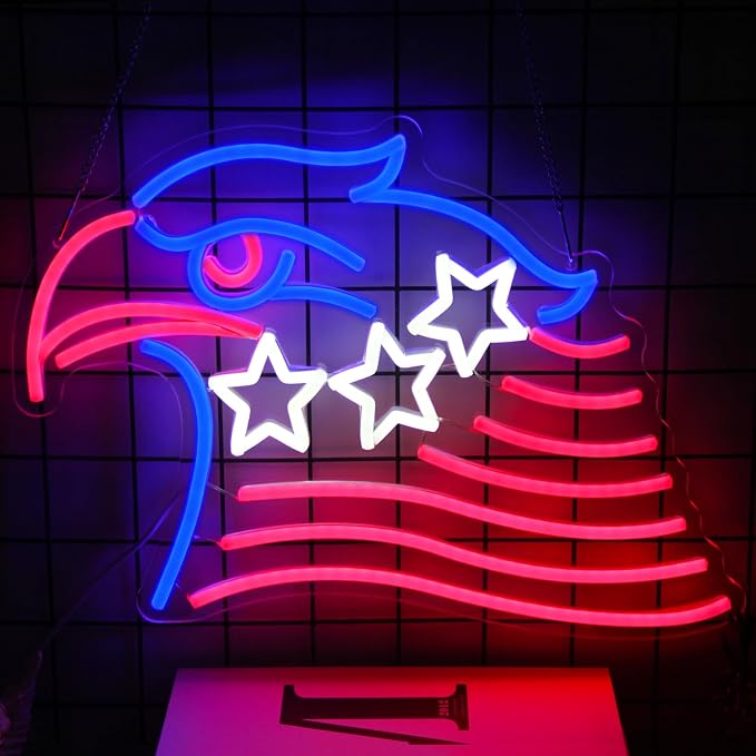 Patriotic Eagle Flag Neon Sign USA Stars and Stripes Light for Wall Decor | Dimmable 4th of July Neon Sign, Acrylic Eagle LED Neon Lights for Bedroom, USB Powered, Memorial Day American Eagle Day Decor