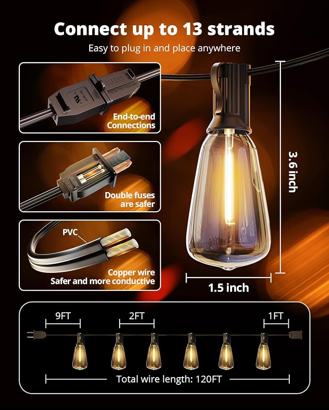 Outdoor String Lights 120FT, Outdoor Party Light with 58 Edison Lights Bulb | Shatterproof,Edison Outside Lights,Plug-In,2700K Dimmable, Connectable, Hanging Light for Porch Garden Backyard Deck Balcony