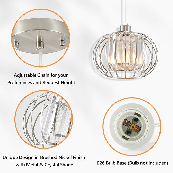 Brushed Nickel Pendant Light Fixtures, Modern Crystal Hanging Ceiling Light, Farmhouse Small Chandeliers, Metal Cage Pendant Lighting, Adjustable Pendant Lights Kitchen Island, Hallway