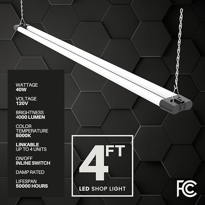 Quarterback 4FT 40W LED Shop Light with Inline Switch Dual Tube Lightweight Daylight White 5000K Surface or Suspension Mount for Garage Workshop Basement (1)
