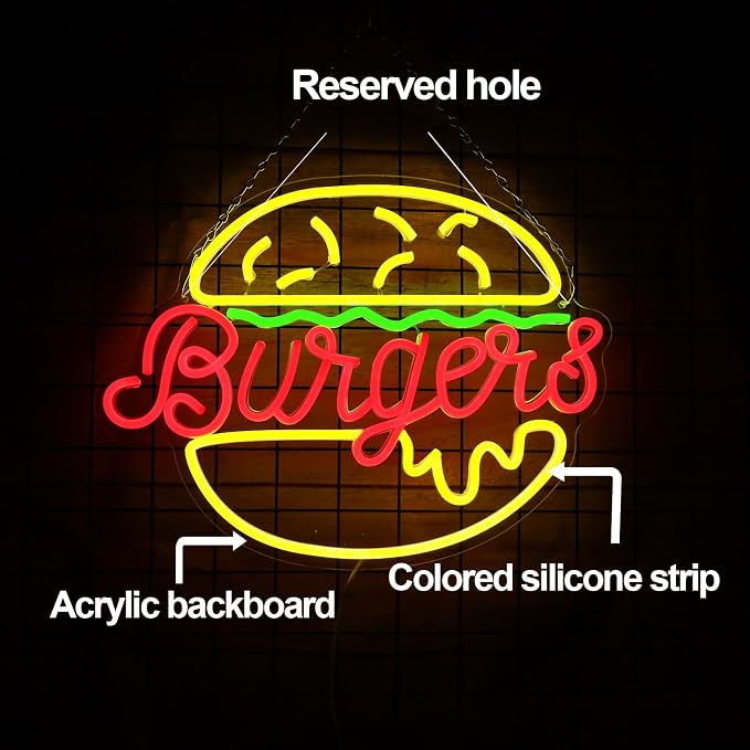 Hamburger Neon Sign USB Powered Wall Decor | Adjustable Brightness, Energy Efficient, 3D LED Light, Restaurant Bedroom Cafe Kids Room, 12.8x16.7in
