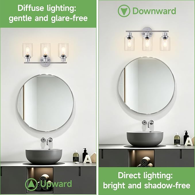 3-Light Bathroom Light Fixtures, Modern Chrome Vanity Lights for Bathroom with Clear Glass Shade, Wall Lamps for Mirror Hallway Kitchen Cabinet Living Room Sconces Lights