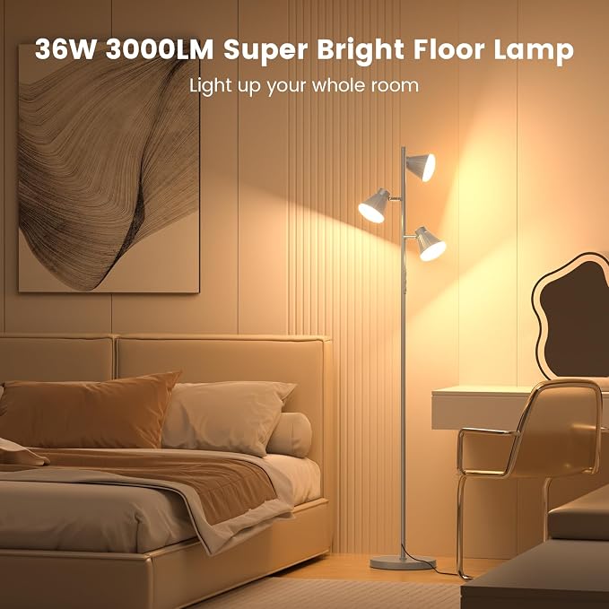 36W LED Tree Floor Lamp, Dimmable Tall Standing Lamp with Remote & Touch Control, 4 Color Temperatures Bright Floor Lamp, 3 Rotatable Light Modern Floor Lamps