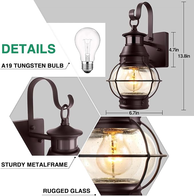 Lamomo 2-Pack Motion Sensor Outdoor Wall Lights – Aluminum Garage Exterior Light Fixtures, Anti-Rust Porch Lantern Set of 2, Waterproof Security Sconces for Entryway & Front Door (Bronze)