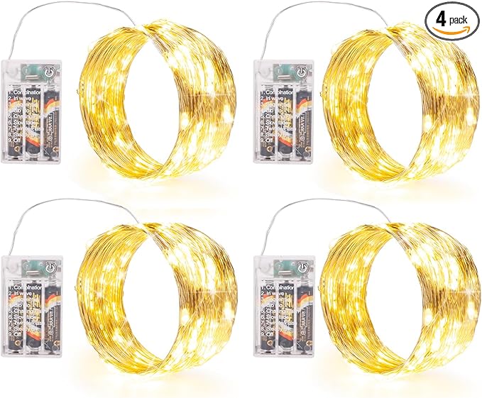 Fairy Lights Battery Operated (Included), 8 Modes & Auto timer, 4 Packs 5m 50Led Mini Twinkle Silver Wire Firefly Starry lights,Waterproof Battery Operated Lights for Wedding,Party(Warm White)