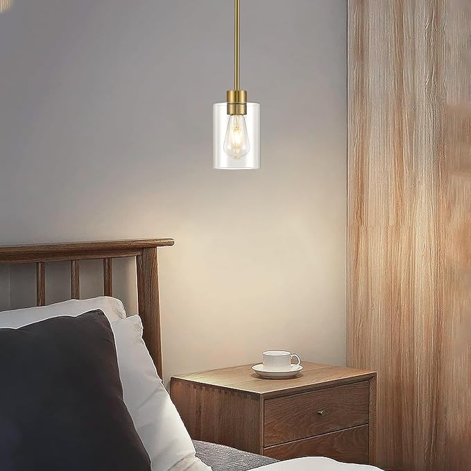 Modern Farmhouse Brass Gold Pendant Lights, Mini Hanging Light Fixture with Clear Glass Shade, Adjustable Rods for Kitchen Island, Sink, Bar (1 Pack)