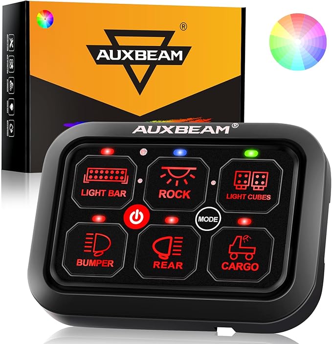 Auxbeam 6 Gang Switch Panel RA60 Toggle Momentary Pulsed RGB Dimmable Switch Panel Multifunction Switch Panel Built in Solid State Relay Marine Control Panel Waterproof for Car Boat, 3 Years Warranty