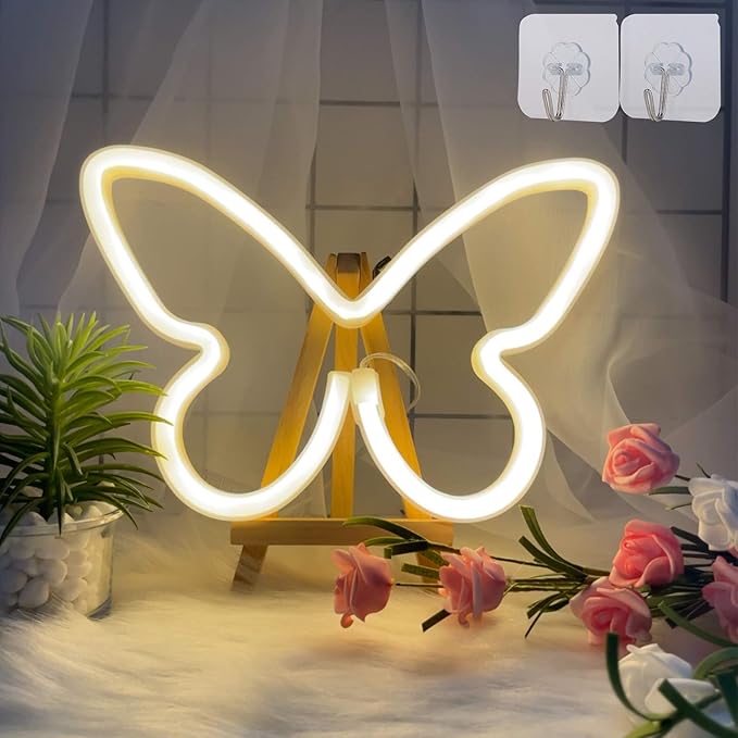 ENUOLI Butterfly LED Neon Decorative Lights, Neon Signs Butterfly Shaped Decor Neon Light,USB/Battery Powered Indoor Wall Decor for Bedroom,Kids Room,Birthday Party,Wedding,Gift(Warm White)
