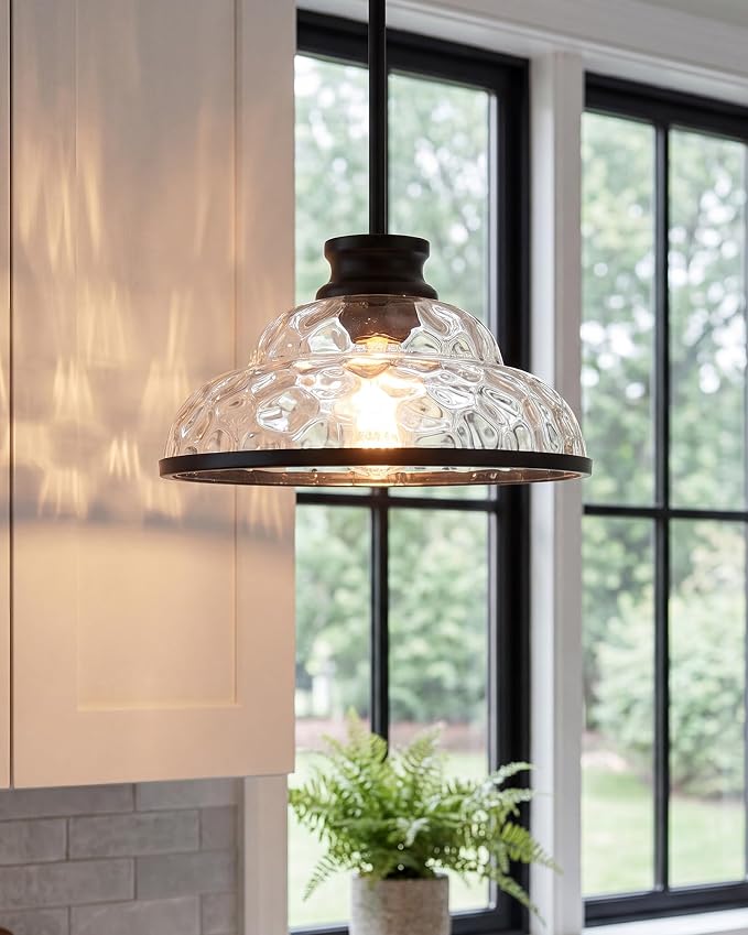 kudos 11 Inch Black Pendant Lights with Clear Hammered Glass, KDPL14-BK-H | E26 Bulb Base, Hardwired, Farmhouse Styling, Adjustable Hanging Rods for Flat or Sloped Ceilings, for Kitchen Bars