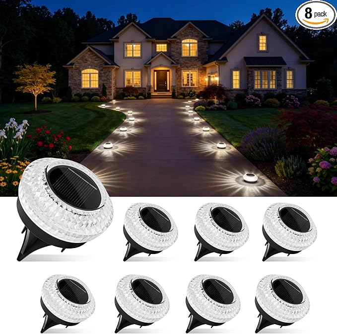Solar Ground Lights Outdoor, 8 Pack 2.8 inch Solar Powered Pathway Lights IP67 Waterproof Anti Glare Diamond Solar Garden Lights Landscape Lighting for Patio Yard Deck Walkway, Cold White