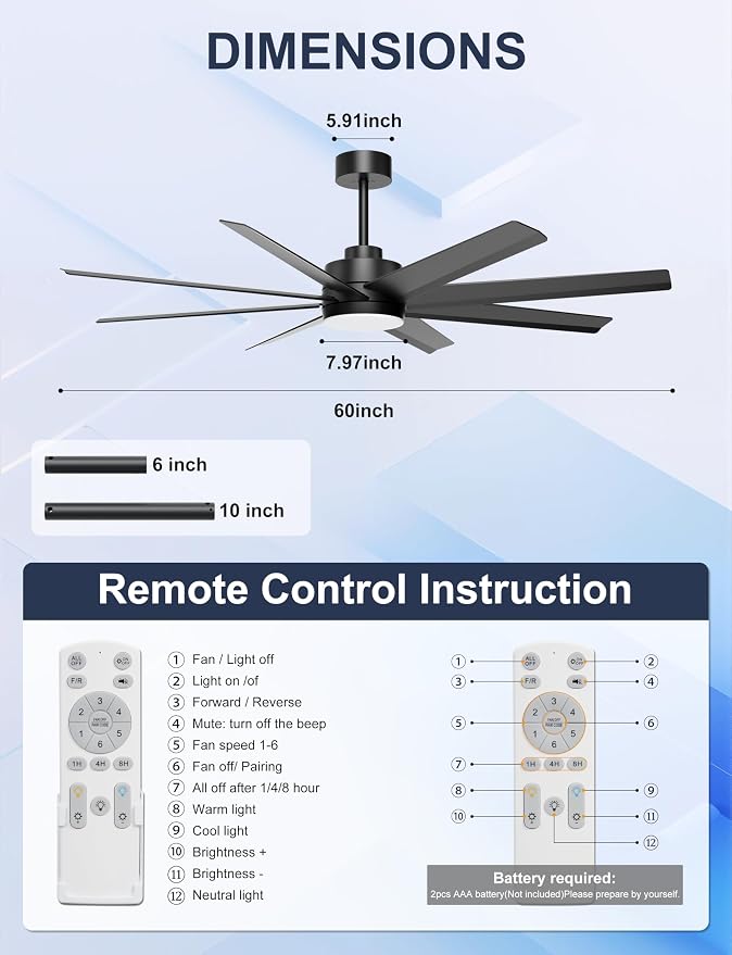 Ohniyou 60" Black Ceiling Fan with Light for Patio, Porch, Living Room | Remote/App Control, Quiet DC Motor, 3CCT Dimming, Modern Covered Outdoor Fan with 8 ABS Blades