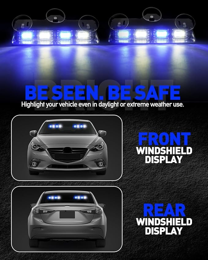 HLauto 2002L Emergency Dash Strobe Lights: Blue White Safety Lights, Flashing Warning Hazard Windshield Visor Traffic Light Bars for Trucks, Construction Vehicles (2x8.5 inch, 48LED)