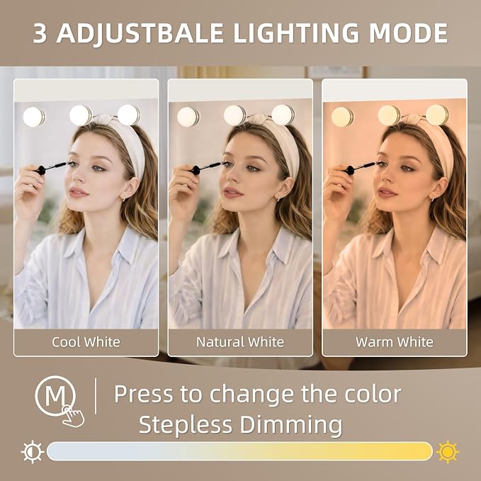 Large Vanity Mirror with Lights, 26"x20.9" Hollywood Mirror with 10X Magnification, 18 Dimmable LED Bulbs & 3 Color Lighting Modes Desk Wall-Mounted Makeup Vanity Mirror