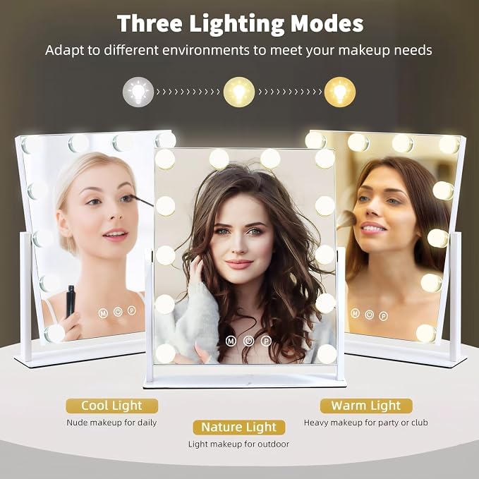 Vanity Mirror with Lights, 13'' x 11'' Lighted Makeup Mirror for Desk, Hollywood Mirror with 12 Dimmable Bulbs, 3 Color Modes, Smart Touch Control, 360°Rotation, Gifts for Girls, Women, Wife