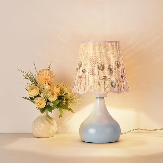 Ziqqeelam Blue Small Bedside Cute Table Lamp for Bedroom, Table Lamps for Nightstand, Scalloped Rattan Shade Table Lamps for Small Spaces for Bedroom, Home Office, Living Room