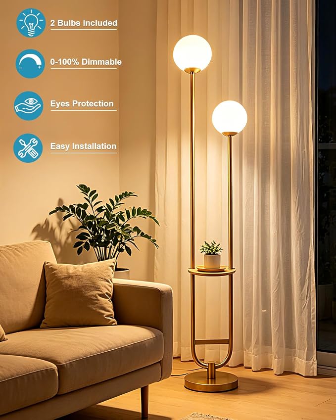 Lightdot 2 Globe Gold Floor Lamp with Table Mid Century Standing Lamps with 3000K LED Bulbs Unique U-Pole Vintage Tall Floor Lamp with 5Lbs Heavy Base for Living Room/Bedroom/Wedding/Party/Home Decor