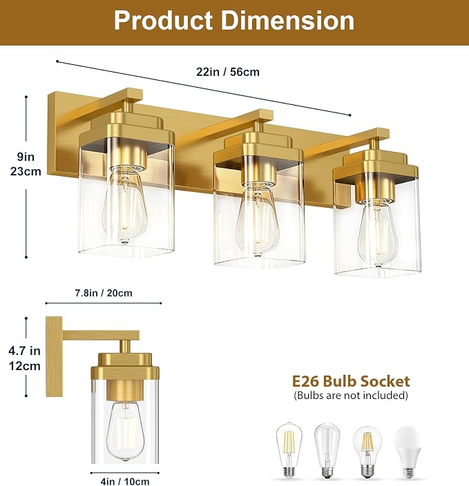 Brushed Gold Bathroom Light Fixtures, 3 Lights Bathroom Lighting Fixtures Over Mirror, Square Design & Rectangle Large Backplate, Modern Vanity Lighting Fixtures, for Living Room/Bedroom
