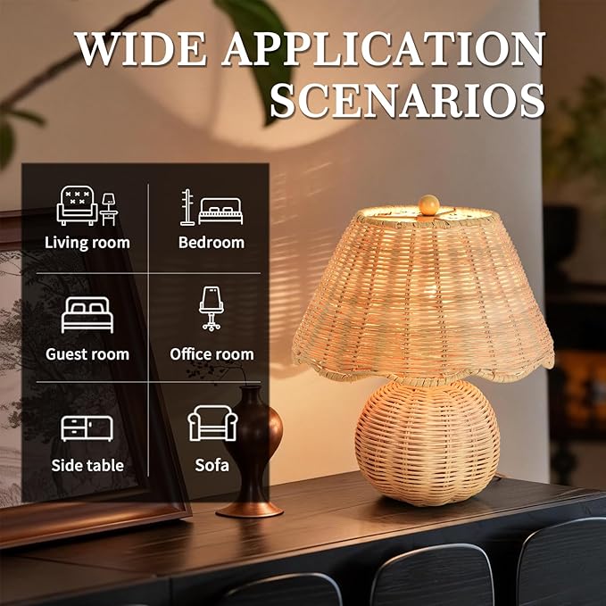 Rattan Small Bedside Mini Table Lamp for Bedroom,Boho Bedroom Lamps for Nightstand, Wicker Mini Table Lamps for Small Spaces with Scalloped Shade for Kitchen Counter, Bookshelf, Kids Dorm, Office