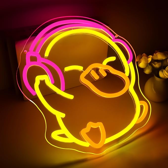 Duck Neon Sign for Wall Decor Cartoon LED Light for Man Cave | Dimmable cartoon music duck neon light, bedroom, club bar dorm decor, birthday gifts for kids, size 13.7*12.5 in