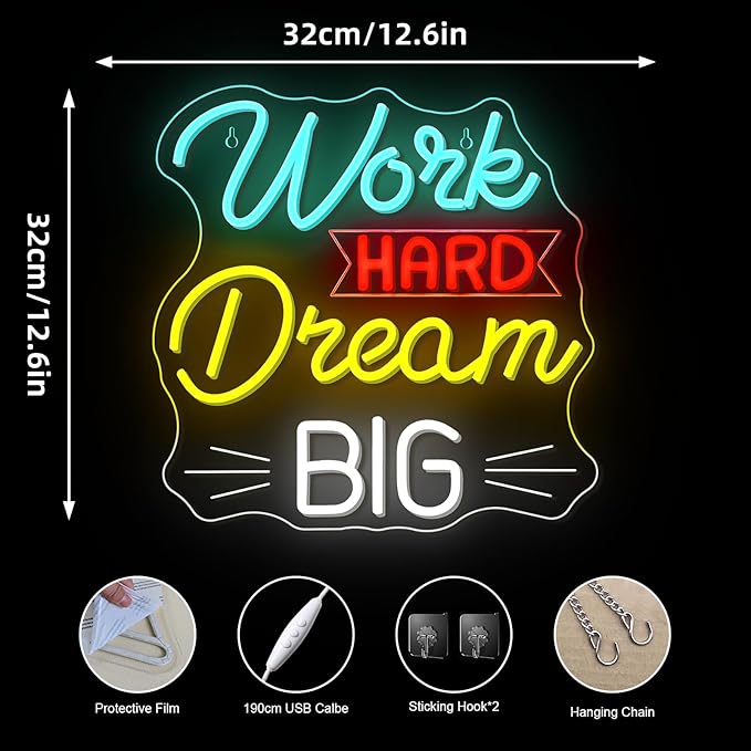 NOSUN Work Hard Dream Big Neon Sign Inspirational slogan personal studio LED Sign Wall Decor Adjustable Brightness Neon Signs USB Connect Neon Light for Bedroom Home Bar Club Hotel Party Decor