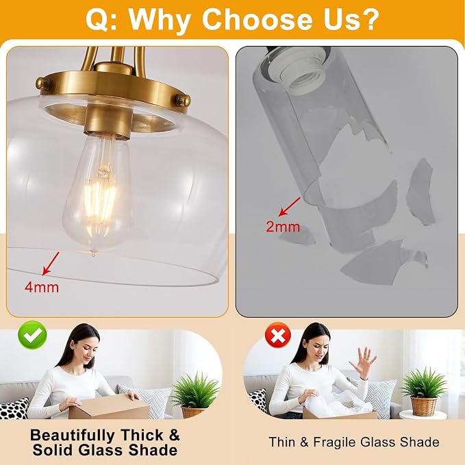 Modern Pendant Lights Kitchen Island, Brushed Gold Pendant Light Fixtures with 10" Clear Glass Shade, Industrial Hanging Pendant Lights Fixture for Kitchen Island Dining Room Bedroom Foyer Entryway