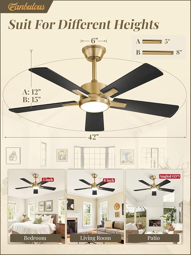 Fanbulous 42 Inch Black and Gold Ceiling Fan with Light, Remote & APP | Stepless CCT & Dimmable Light, 20W LED Ceiling Fan, 6 Speeds, Reversible Quiet DC Motor, for Bedroom, Living Room, Apartment